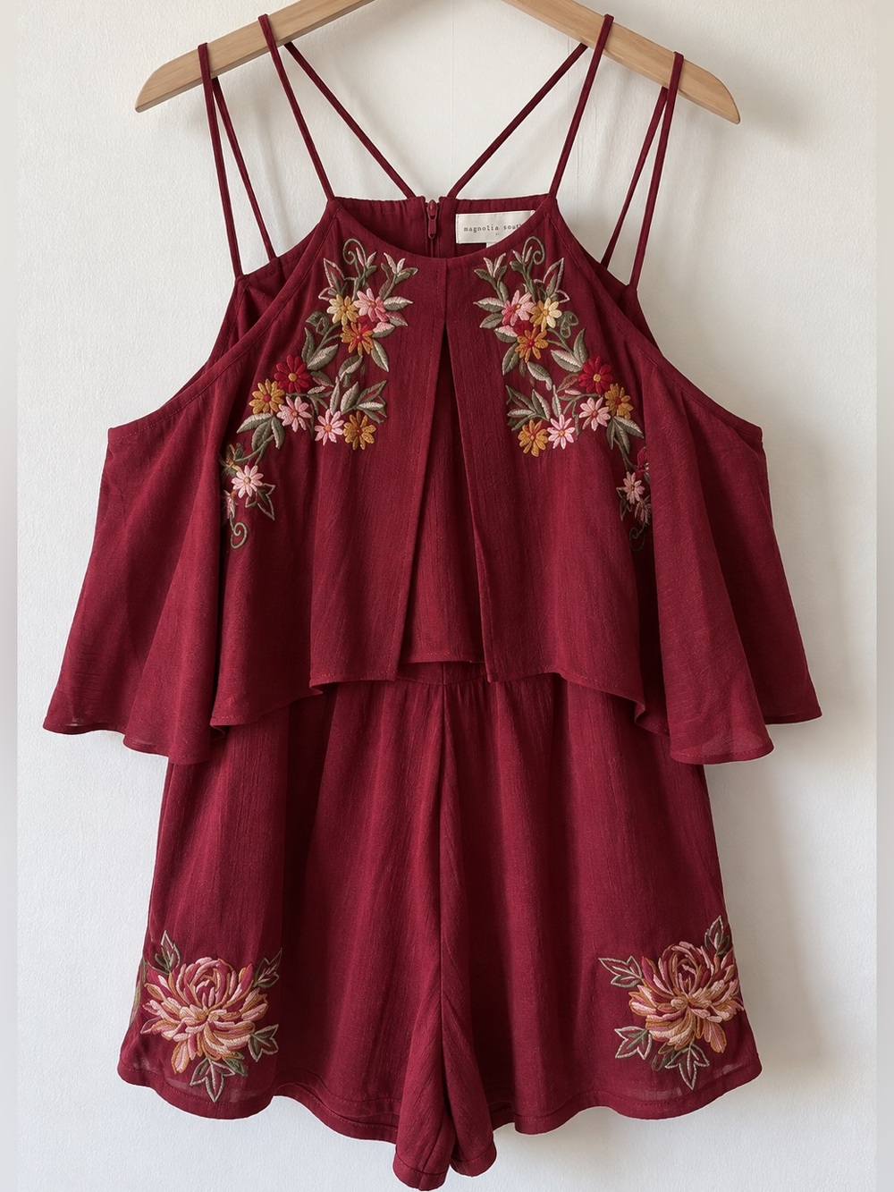 Magnolia South Burgundy Floral Embroidered Cold Shoulder Romper L
